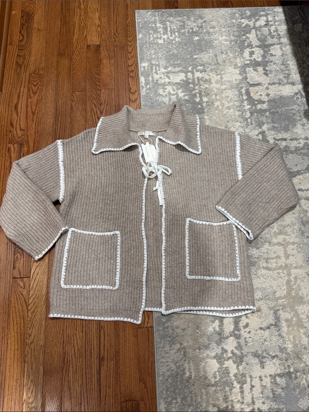 Anthropologie Taupe Knit Cardigan with White Trim